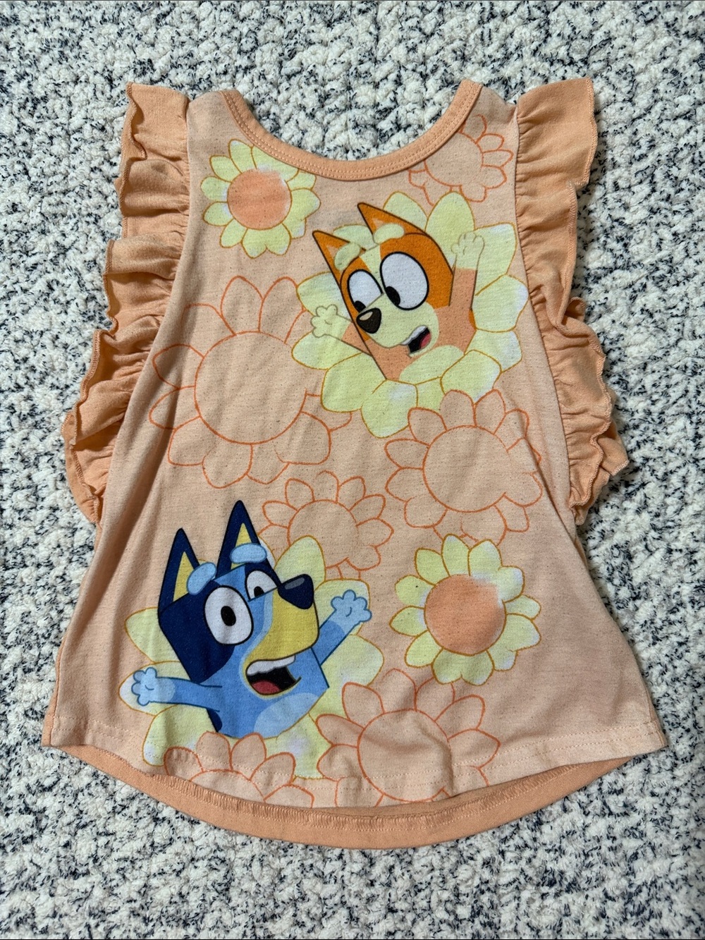 Lucy Peach Ruffle Tank Top with Bluey Characters and Sunflowers